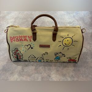 Nikky Canvas Doodle Weekender Bag in Cream & Brown